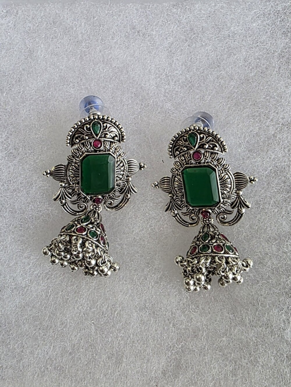 Green Stone Silver-Tone Jhumka Oxidized Earrings - Elegant Women's Jewelry